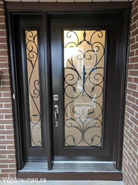 Single entry front door store. Insulated steel exterior with side lite. Brown door. South Port classic decorative glass